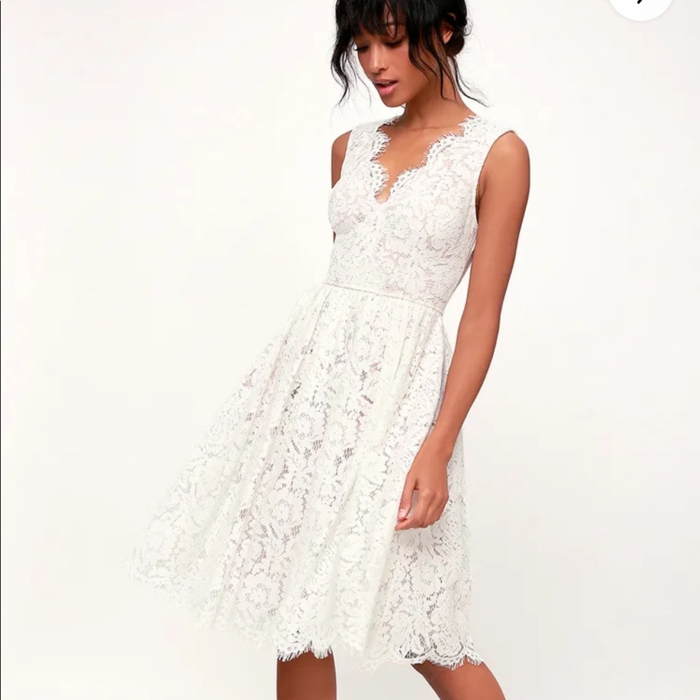 Lulus white midi dress, nude with lace overlay NWT